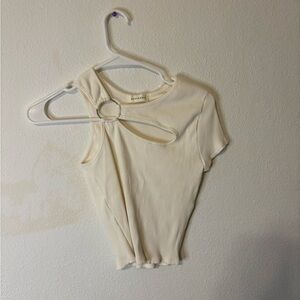 Stylish Cream Ribbed Top with Ring Detail